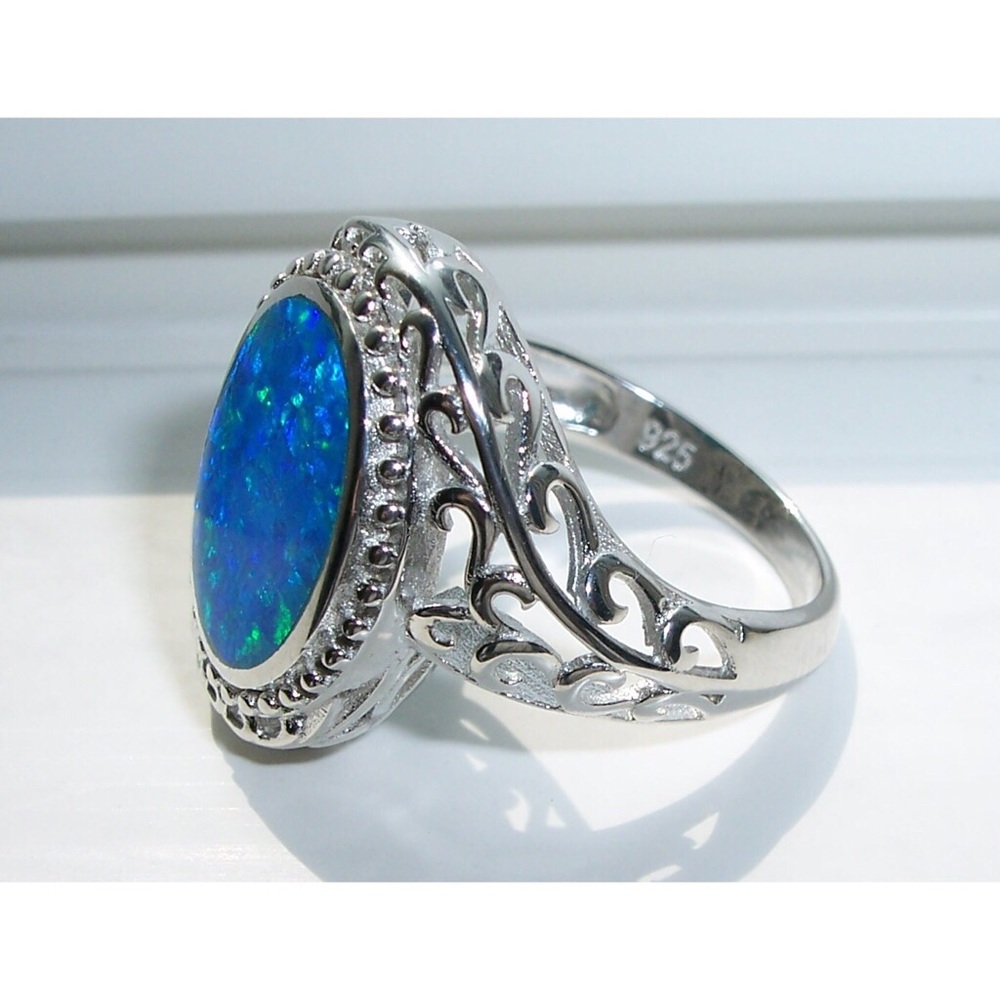 925 STERLING SILVER Lab Created Blue Fire Opal Ring - Picture 12 of 16